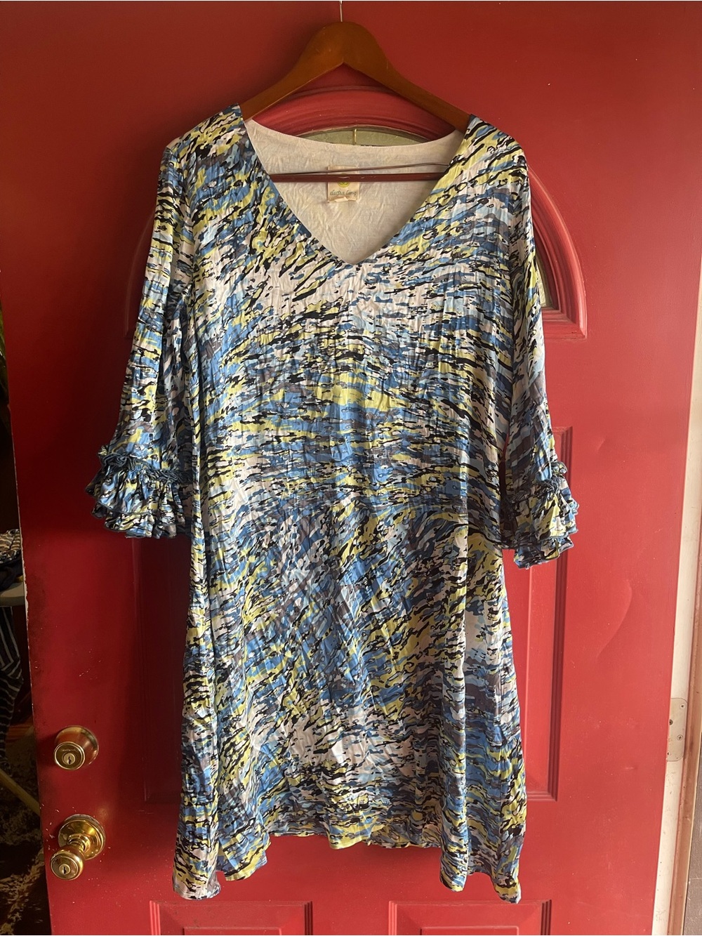Womens Blue Multi-Print Long Sleeve V-Neck Dress